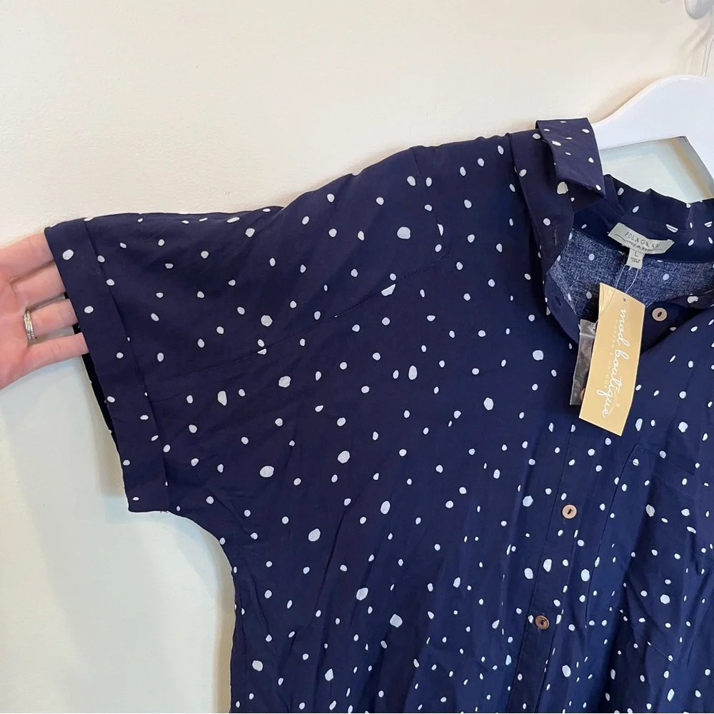 NWT Polagram Button Down Blouse Navy White Polka Dots Womens Large Flowy - Picture 2 of 4